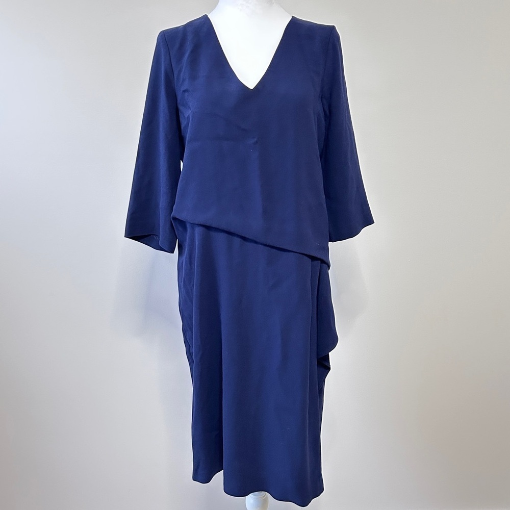 Gerard Darel Women's Size 8(40) Blue Asymmetrical Sheath Dress V-neck 3/4 Sleeve